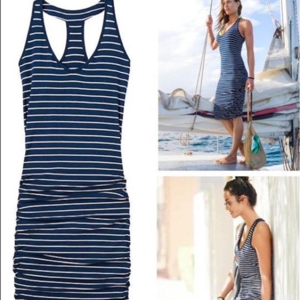 Athleta navy striped ruched dress